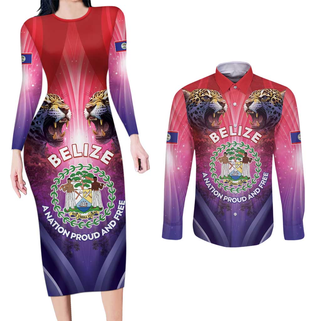 Belize 44th Independence Anniversary Couples Matching Long Sleeve Bodycon Dress and Long Sleeve Button Shirt Stronger Together Rising Forever - Wonder Print Shop