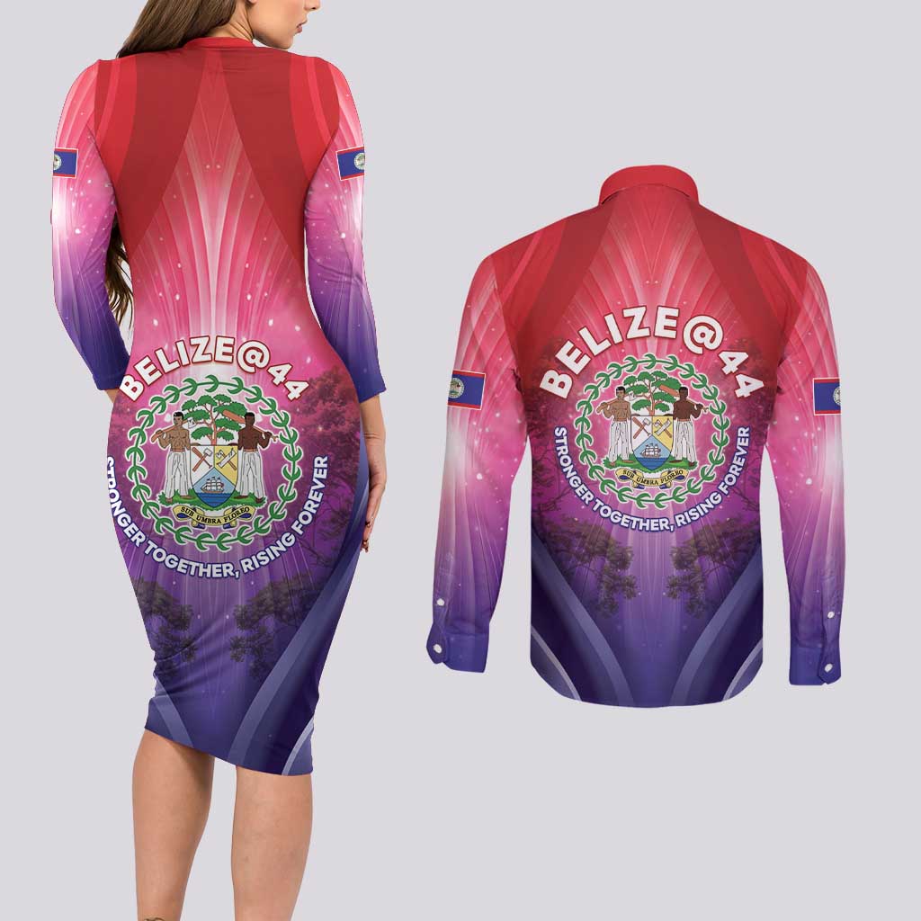 Belize 44th Independence Anniversary Couples Matching Long Sleeve Bodycon Dress and Long Sleeve Button Shirt Stronger Together Rising Forever - Wonder Print Shop