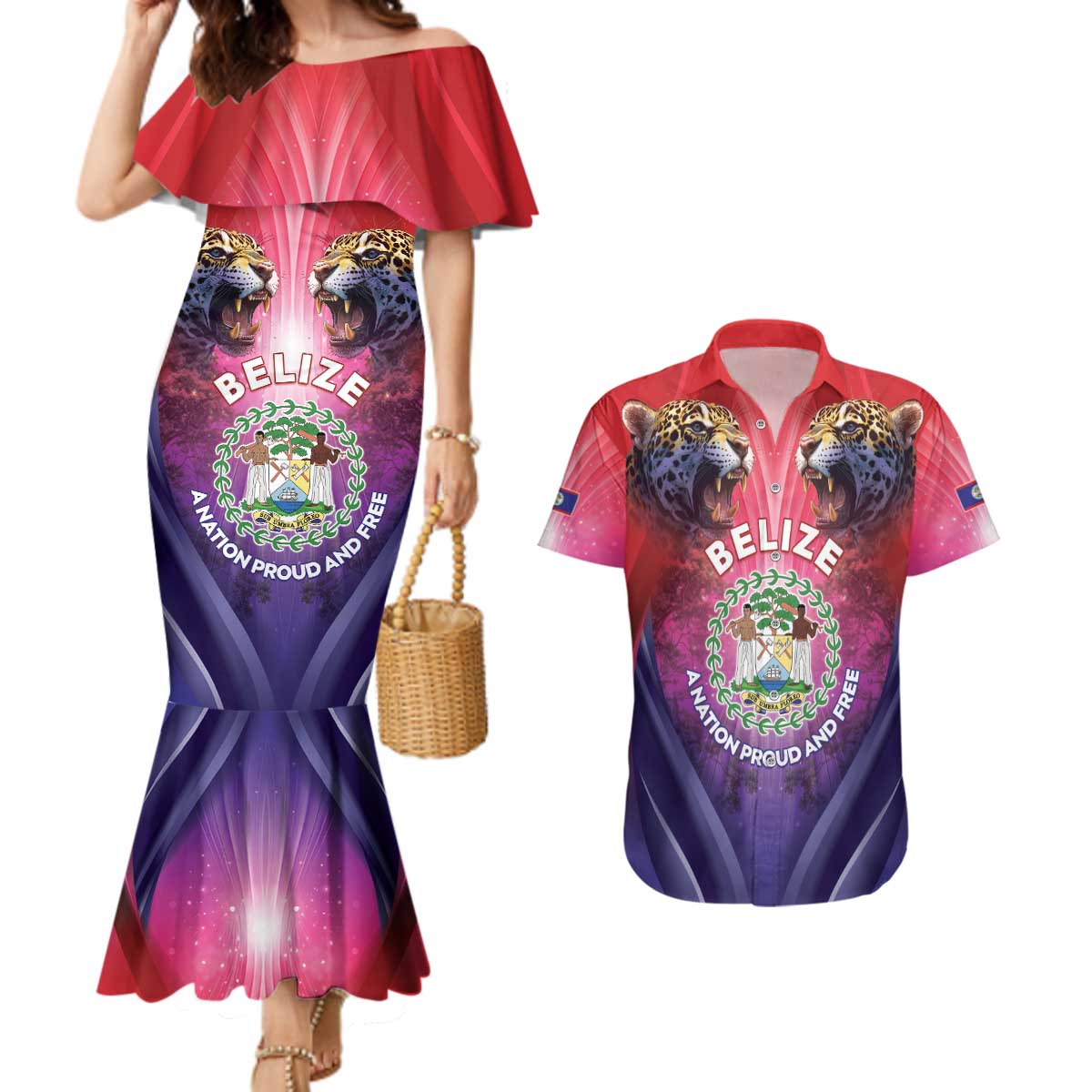 Belize 44th Independence Anniversary Couples Matching Mermaid Dress and Hawaiian Shirt Stronger Together Rising Forever - Wonder Print Shop