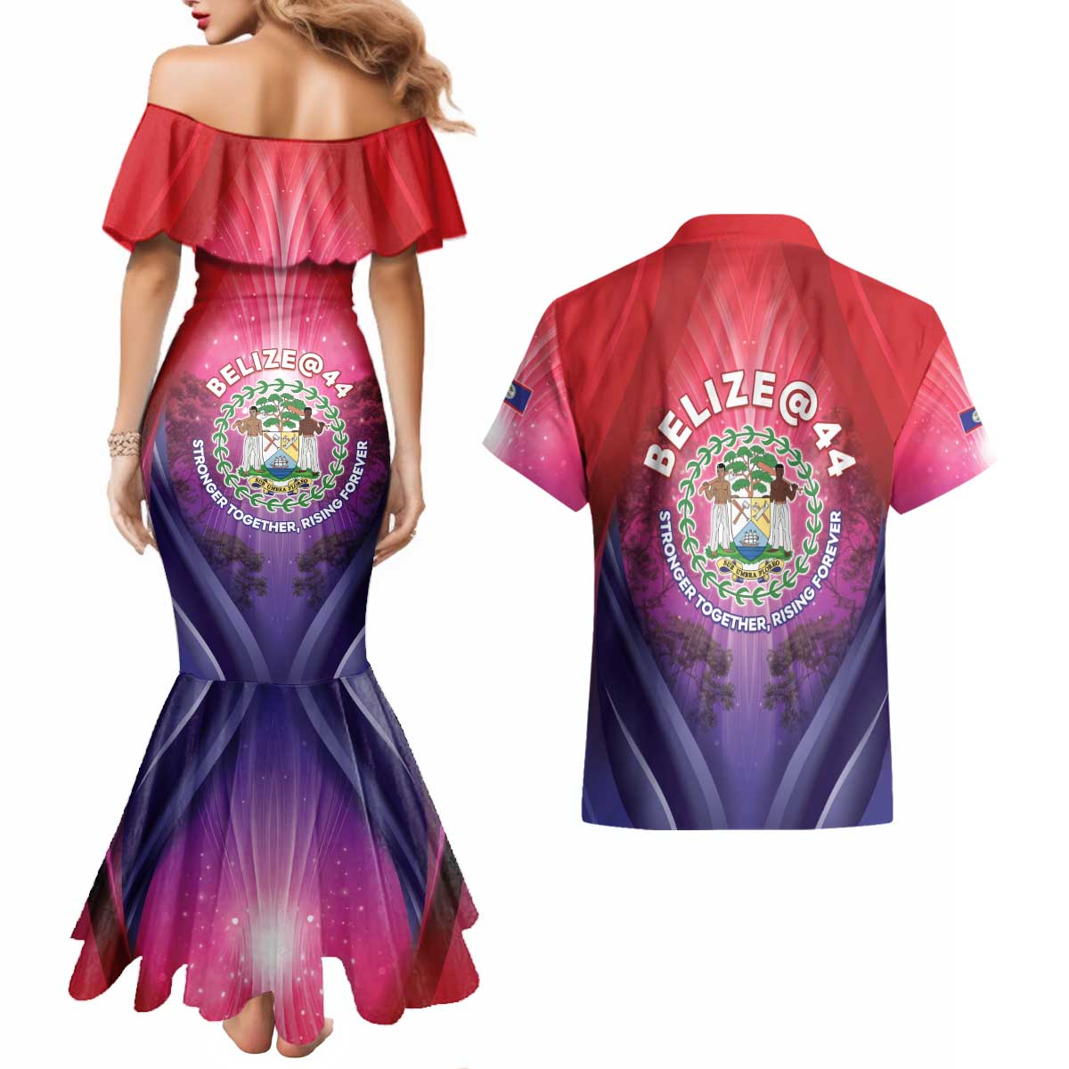 Belize 44th Independence Anniversary Couples Matching Mermaid Dress and Hawaiian Shirt Stronger Together Rising Forever - Wonder Print Shop