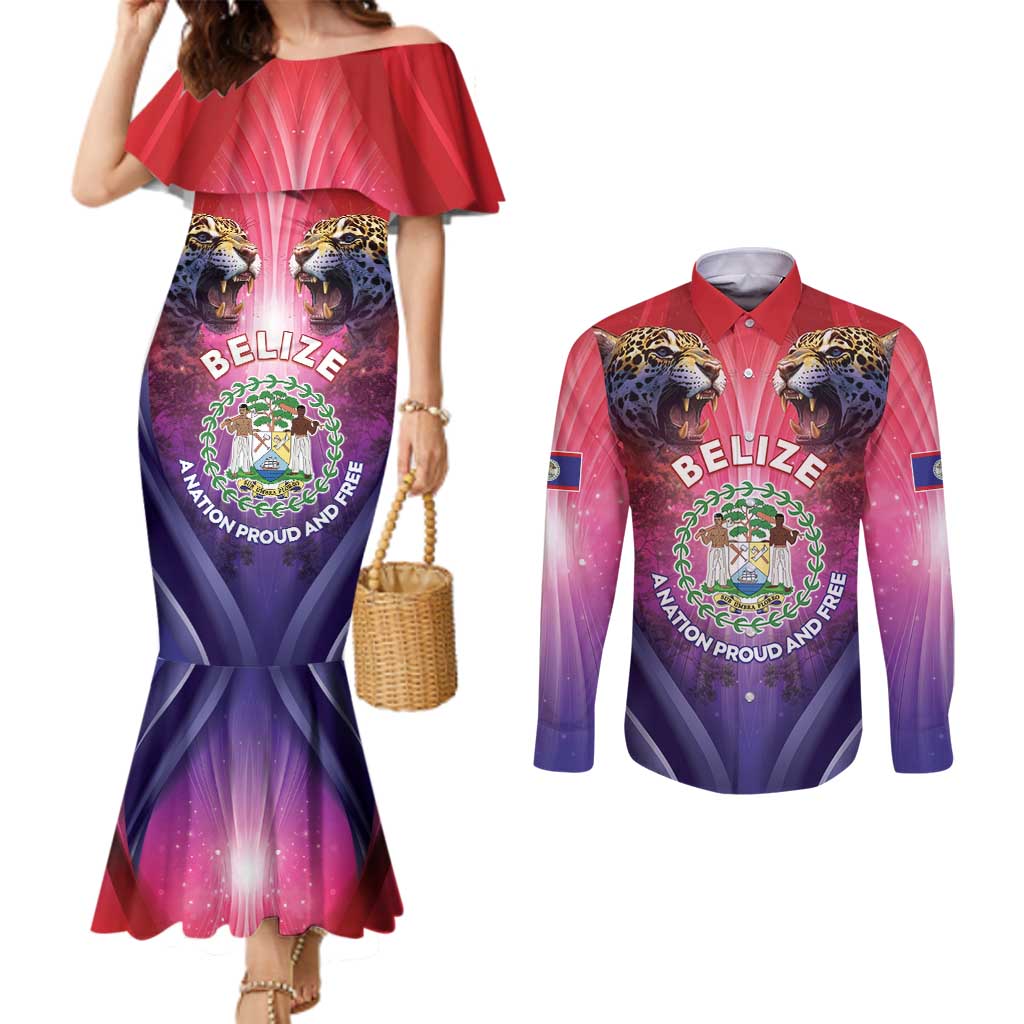 Belize 44th Independence Anniversary Couples Matching Mermaid Dress and Long Sleeve Button Shirt Stronger Together Rising Forever - Wonder Print Shop