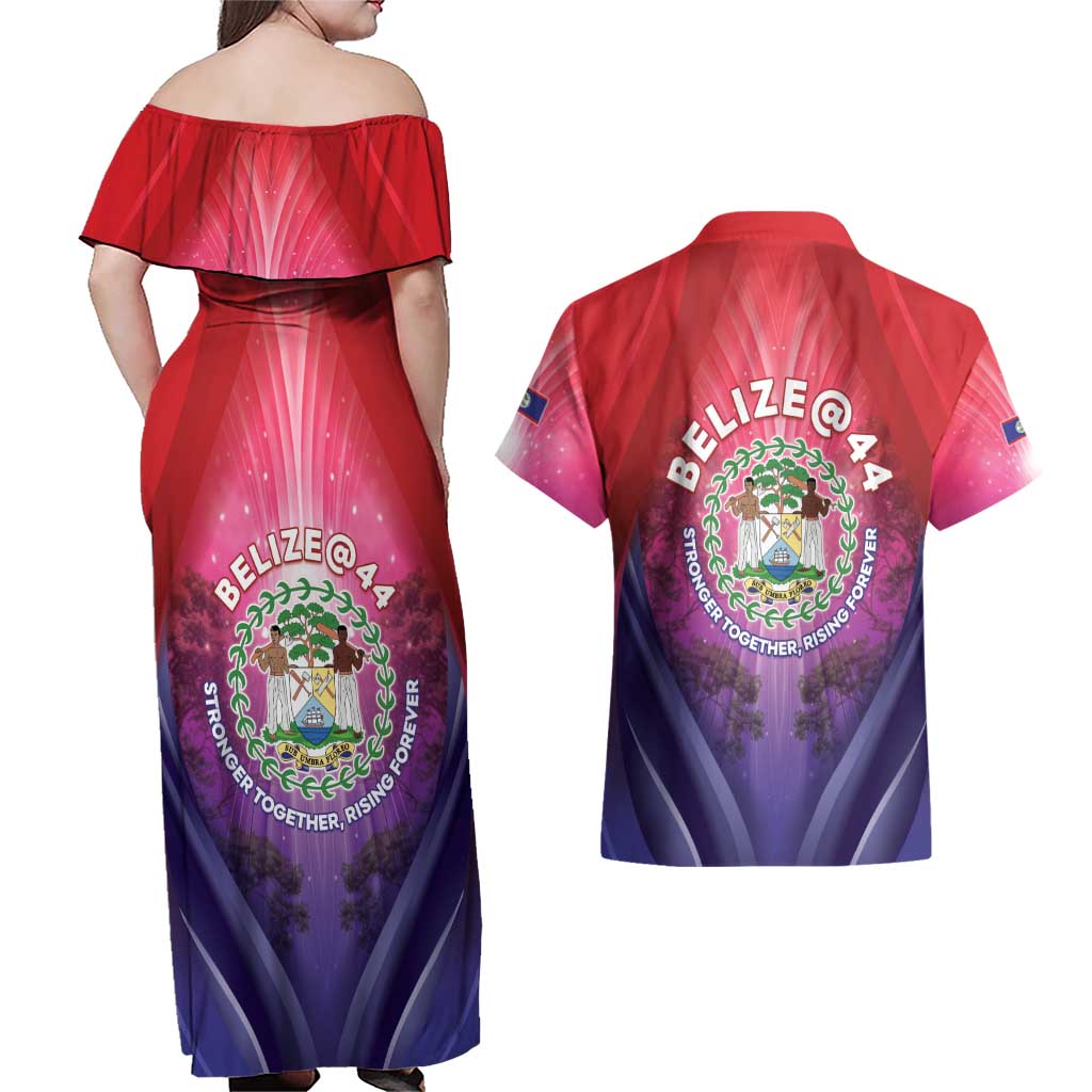 Belize 44th Independence Anniversary Couples Matching Off Shoulder Maxi Dress and Hawaiian Shirt Stronger Together Rising Forever - Wonder Print Shop