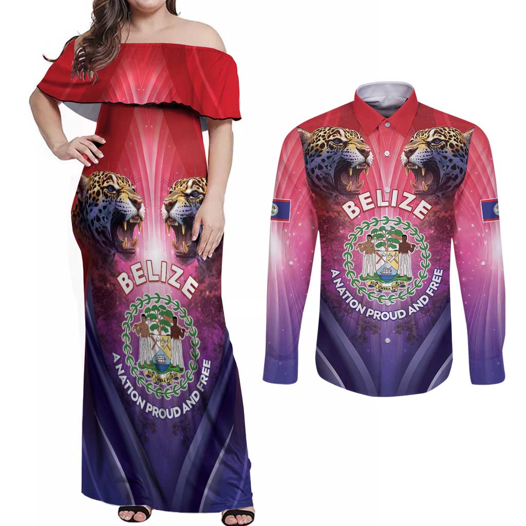 Belize 44th Independence Anniversary Couples Matching Off Shoulder Maxi Dress and Long Sleeve Button Shirt Stronger Together Rising Forever - Wonder Print Shop