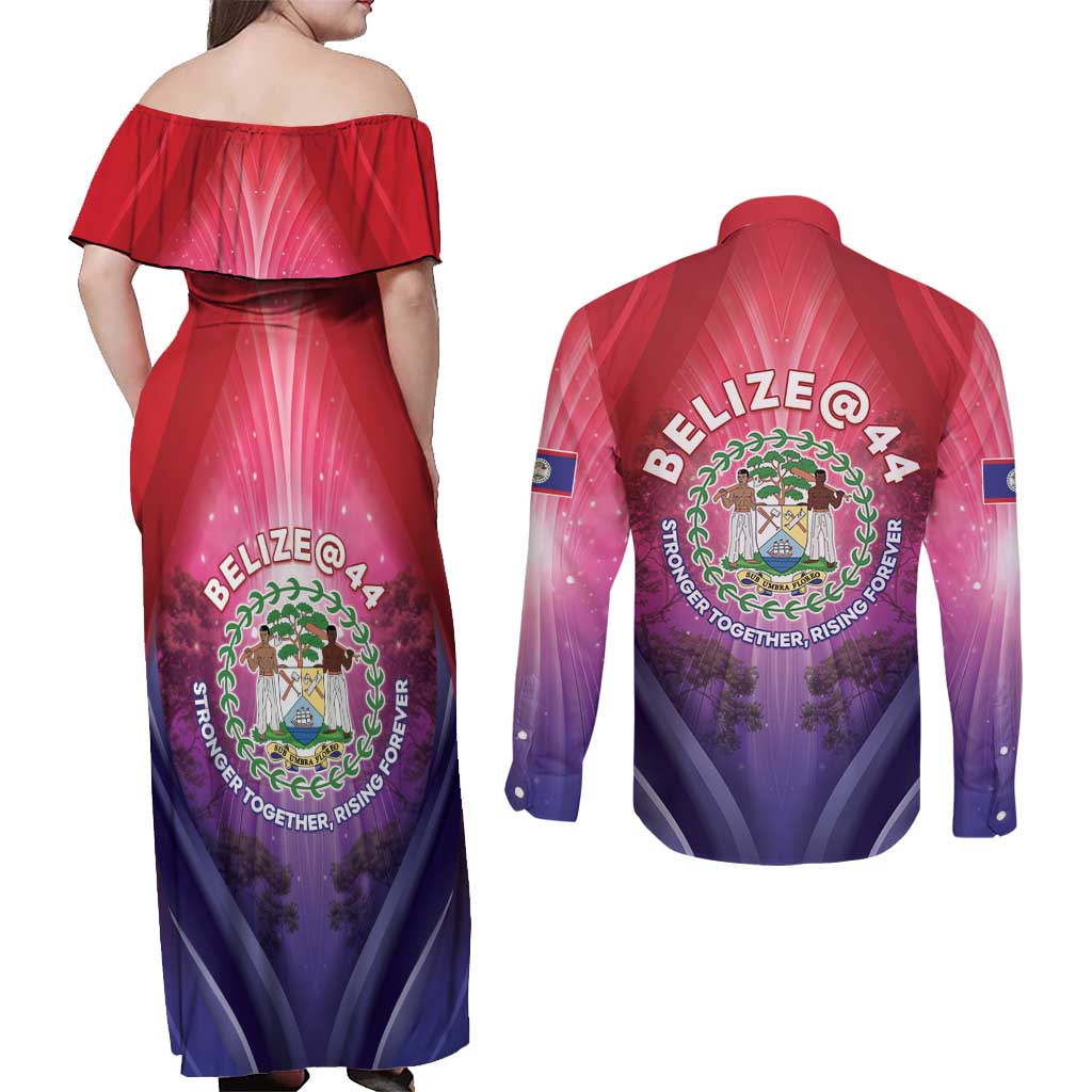 Belize 44th Independence Anniversary Couples Matching Off Shoulder Maxi Dress and Long Sleeve Button Shirt Stronger Together Rising Forever - Wonder Print Shop