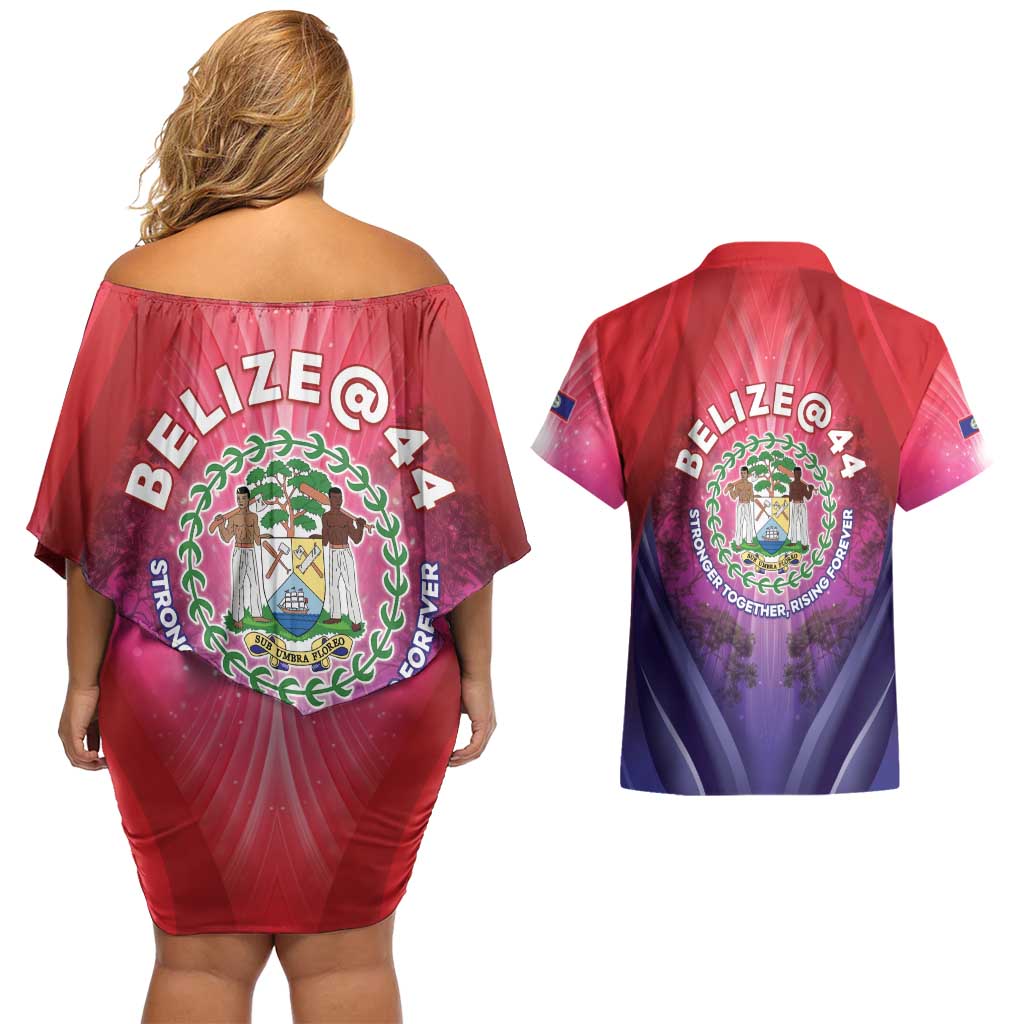 Belize 44th Independence Anniversary Couples Matching Off Shoulder Short Dress and Hawaiian Shirt Stronger Together Rising Forever - Wonder Print Shop