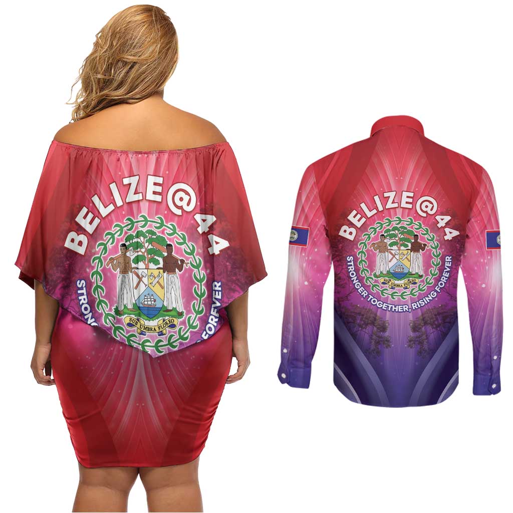 Belize 44th Independence Anniversary Couples Matching Off Shoulder Short Dress and Long Sleeve Button Shirt Stronger Together Rising Forever - Wonder Print Shop