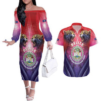 Belize 44th Independence Anniversary Couples Matching Off The Shoulder Long Sleeve Dress and Hawaiian Shirt Stronger Together Rising Forever - Wonder Print Shop