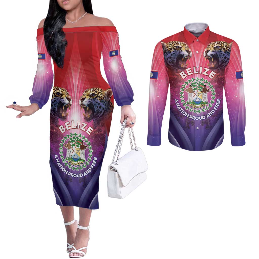 Belize 44th Independence Anniversary Couples Matching Off The Shoulder Long Sleeve Dress and Long Sleeve Button Shirt Stronger Together Rising Forever - Wonder Print Shop