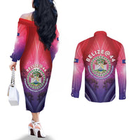 Belize 44th Independence Anniversary Couples Matching Off The Shoulder Long Sleeve Dress and Long Sleeve Button Shirt Stronger Together Rising Forever - Wonder Print Shop