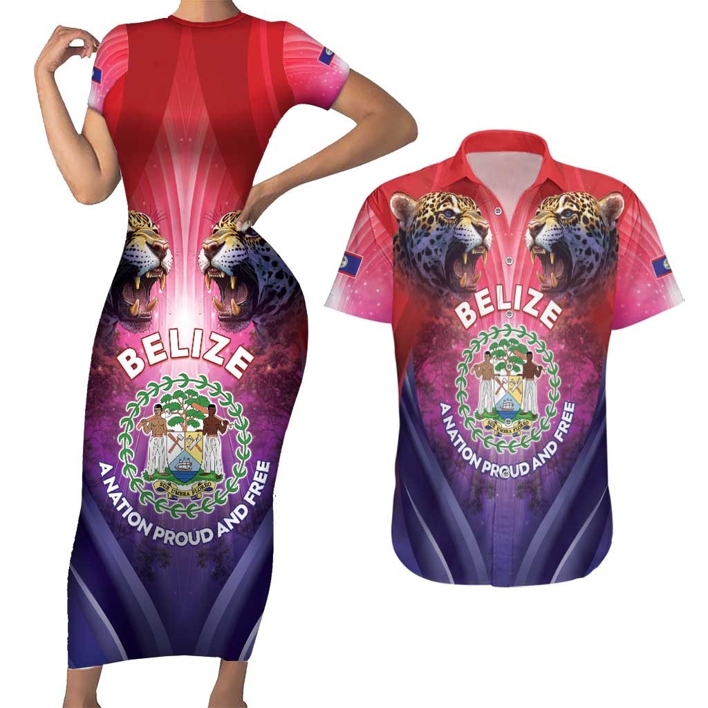Belize 44th Independence Anniversary Couples Matching Short Sleeve Bodycon Dress and Hawaiian Shirt Stronger Together Rising Forever - Wonder Print Shop