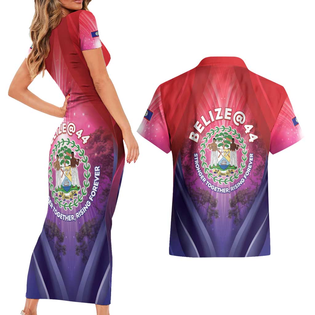 Belize 44th Independence Anniversary Couples Matching Short Sleeve Bodycon Dress and Hawaiian Shirt Stronger Together Rising Forever - Wonder Print Shop
