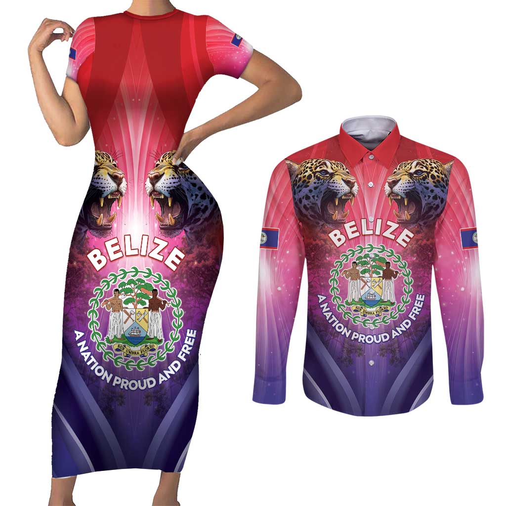Belize 44th Independence Anniversary Couples Matching Short Sleeve Bodycon Dress and Long Sleeve Button Shirt Stronger Together Rising Forever - Wonder Print Shop