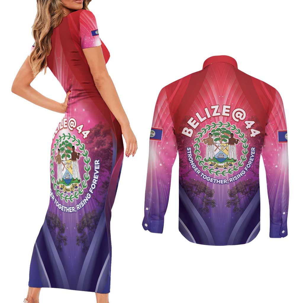 Belize 44th Independence Anniversary Couples Matching Short Sleeve Bodycon Dress and Long Sleeve Button Shirt Stronger Together Rising Forever - Wonder Print Shop