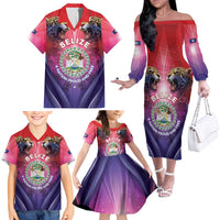 Belize 44th Independence Anniversary Family Matching Off The Shoulder Long Sleeve Dress and Hawaiian Shirt Stronger Together Rising Forever - Wonder Print Shop