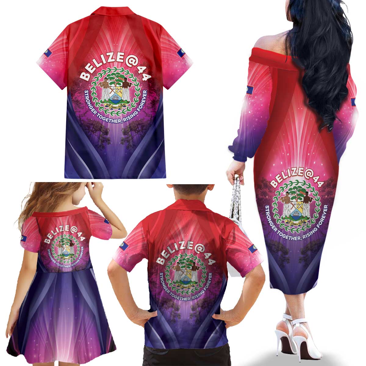 Belize 44th Independence Anniversary Family Matching Off The Shoulder Long Sleeve Dress and Hawaiian Shirt Stronger Together Rising Forever - Wonder Print Shop