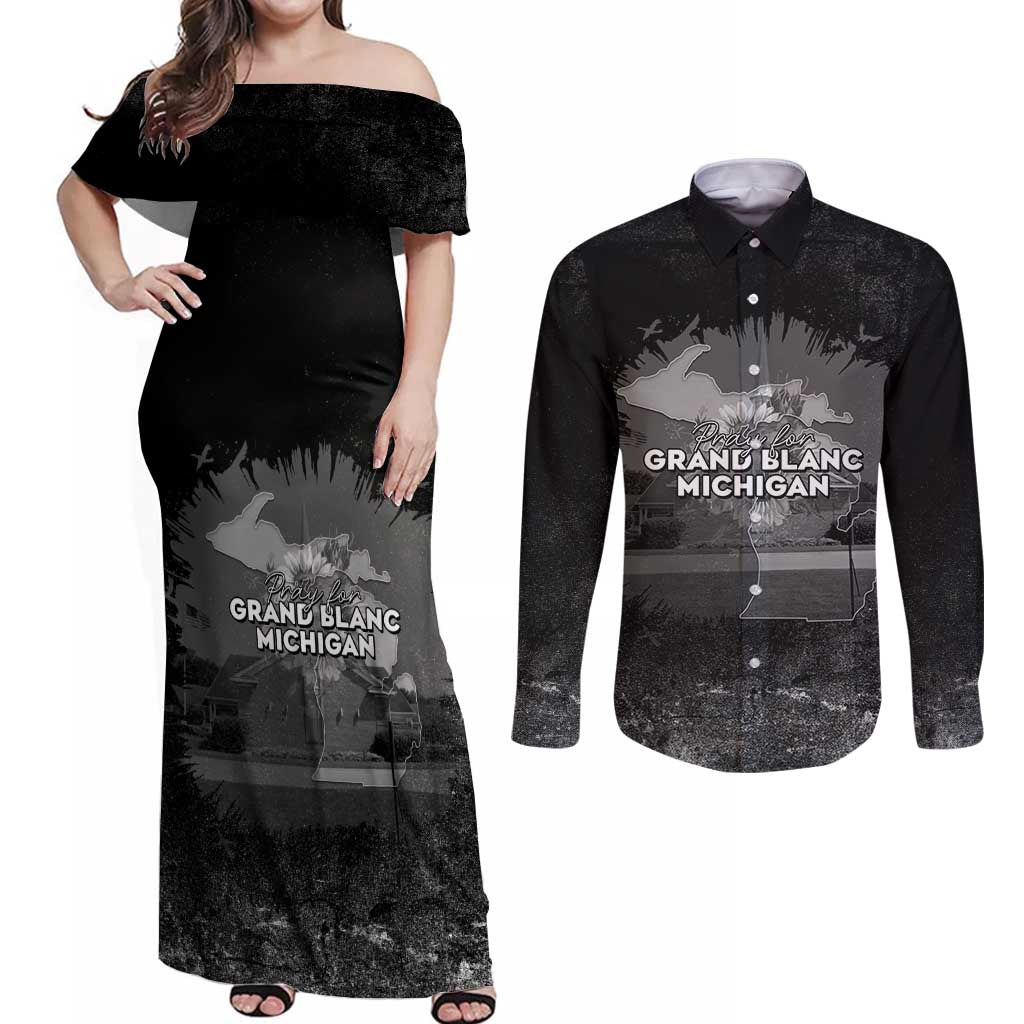 Pray For Michigan Couples Matching Off Shoulder Maxi Dress and Long Sleeve Button Shirt No More Violence - Wonder Print Shop
