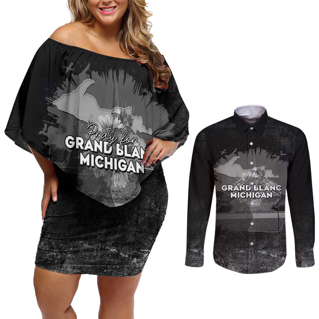 Pray For Michigan Couples Matching Off Shoulder Short Dress and Long Sleeve Button Shirt No More Violence - Wonder Print Shop