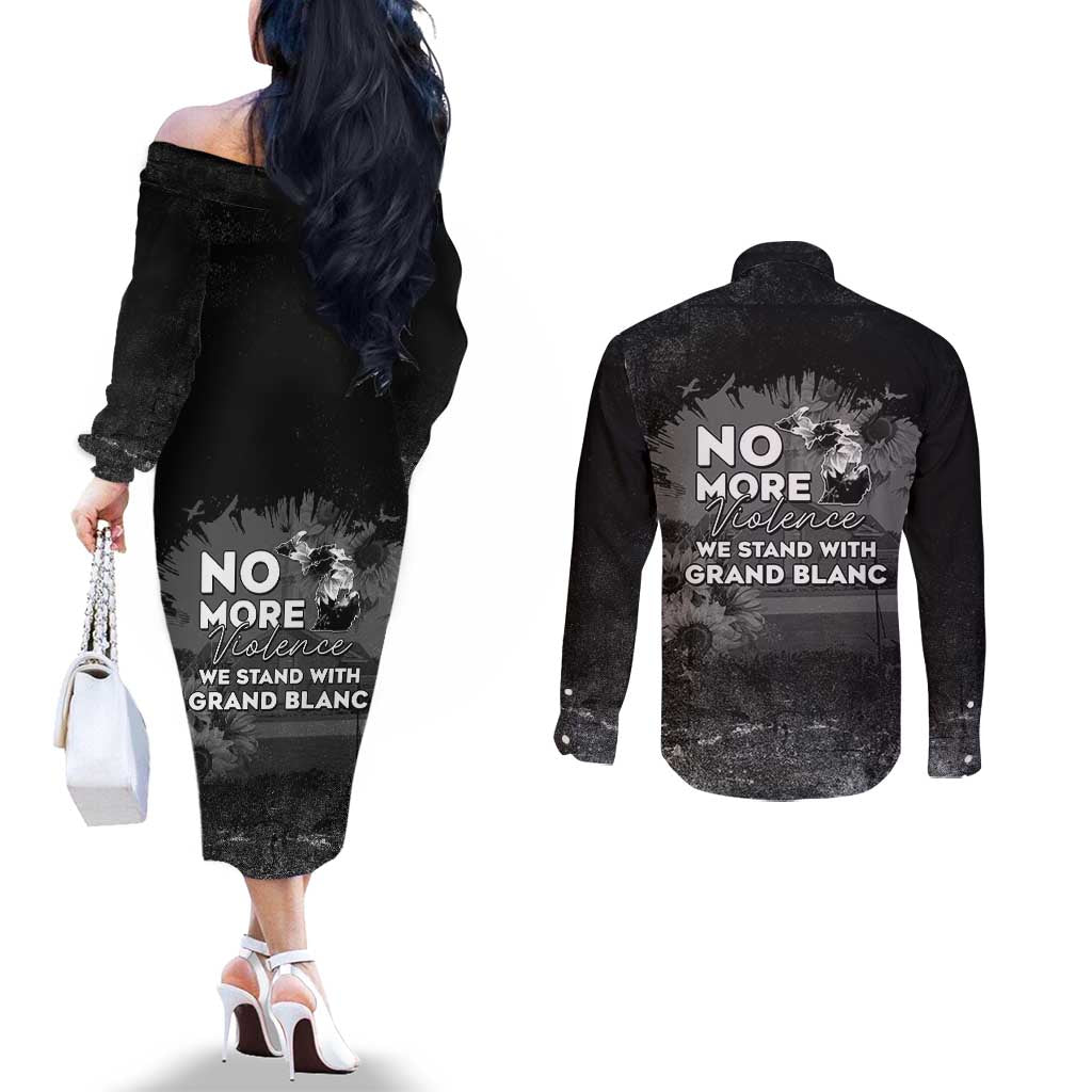 Pray For Michigan Couples Matching Off The Shoulder Long Sleeve Dress and Long Sleeve Button Shirt No More Violence - Wonder Print Shop