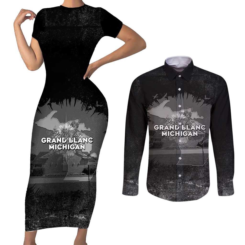 Pray For Michigan Couples Matching Short Sleeve Bodycon Dress and Long Sleeve Button Shirt No More Violence - Wonder Print Shop