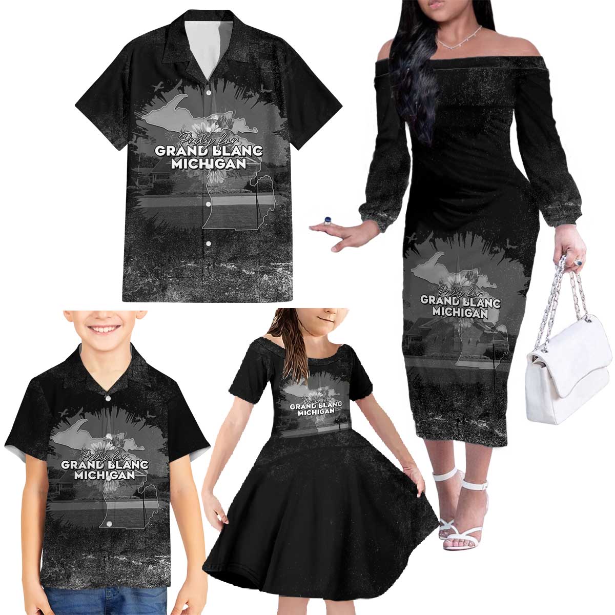 Pray For Michigan Family Matching Off The Shoulder Long Sleeve Dress and Hawaiian Shirt No More Violence - Wonder Print Shop