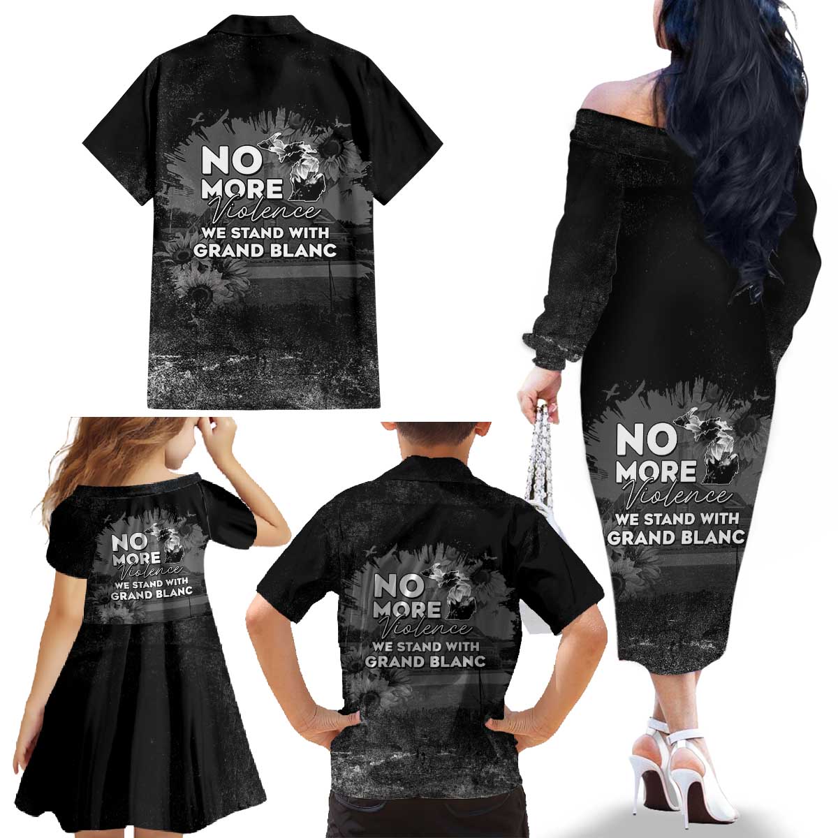 Pray For Michigan Family Matching Off The Shoulder Long Sleeve Dress and Hawaiian Shirt No More Violence - Wonder Print Shop