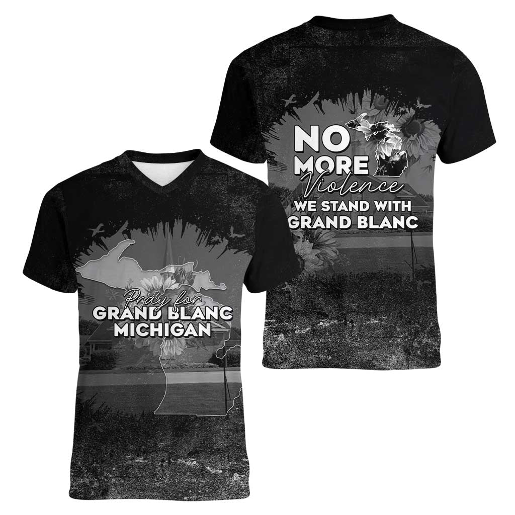 Pray For Michigan Women V-Neck T-Shirt No More Violence - Wonder Print Shop