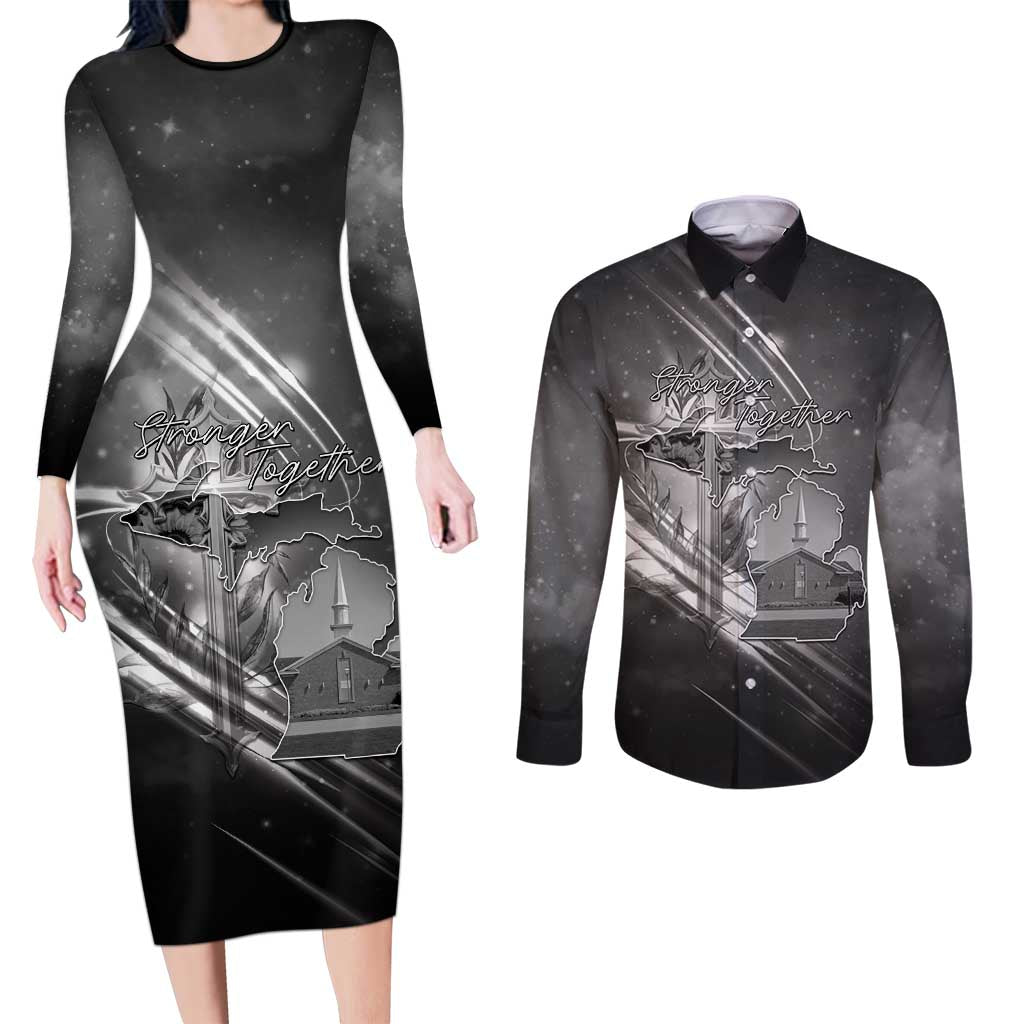 Pray For Grand Blanc Couples Matching Long Sleeve Bodycon Dress and Long Sleeve Button Shirt Pray For Liberty - Wonder Print Shop