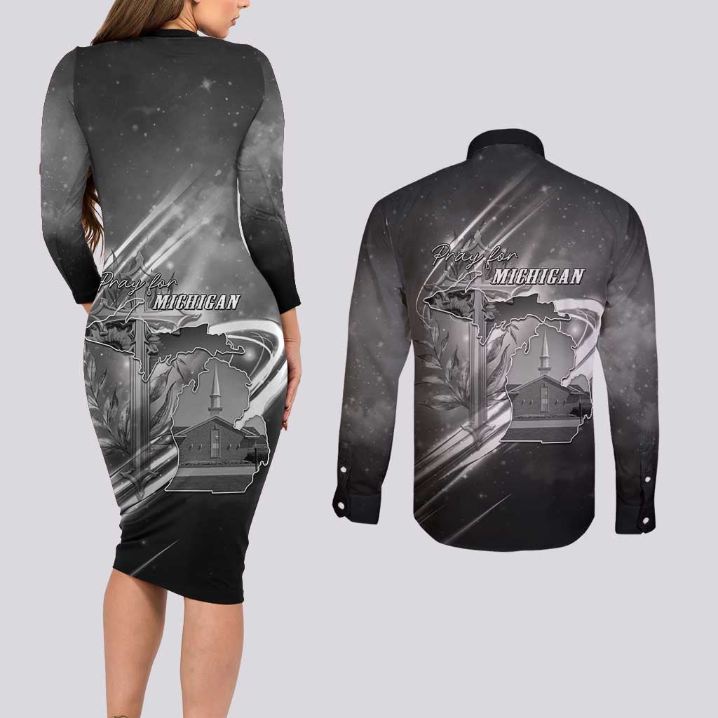 Pray For Grand Blanc Couples Matching Long Sleeve Bodycon Dress and Long Sleeve Button Shirt Pray For Liberty - Wonder Print Shop
