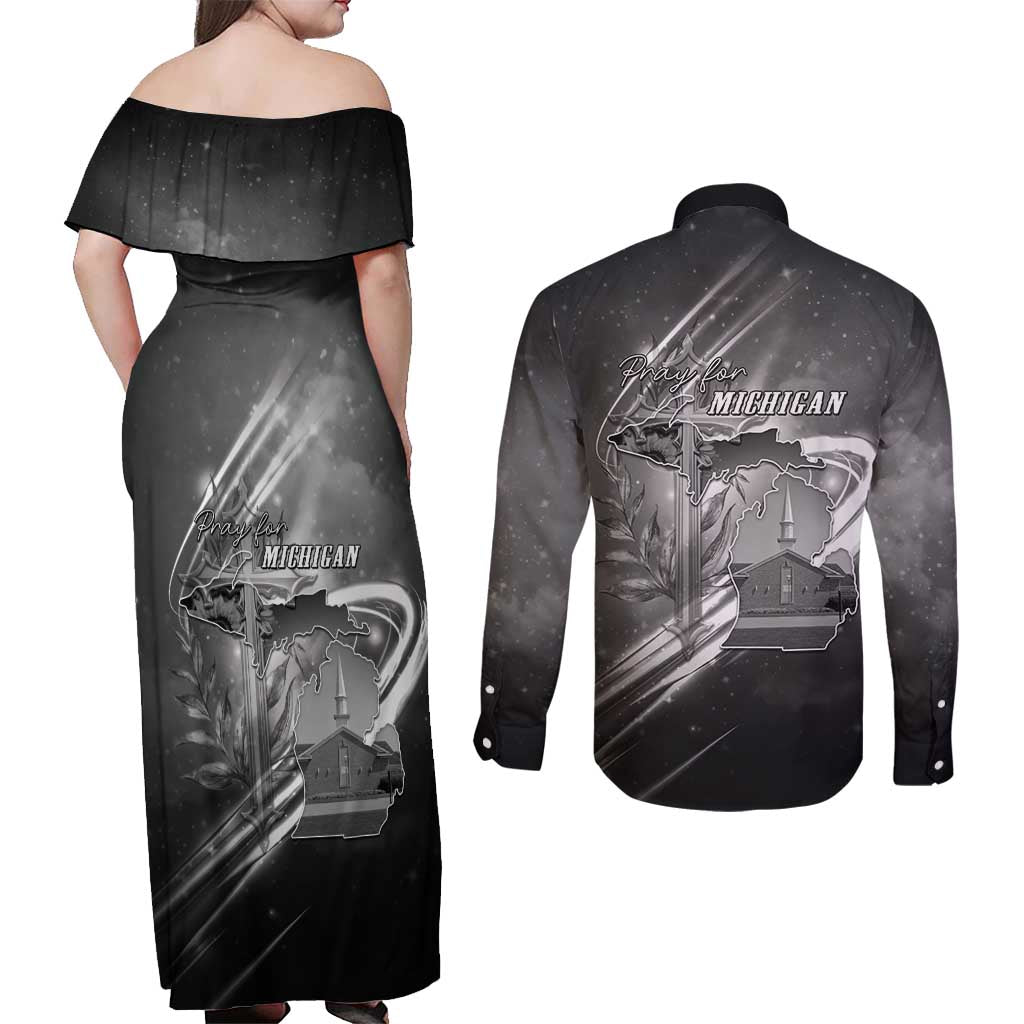 Pray For Grand Blanc Couples Matching Off Shoulder Maxi Dress and Long Sleeve Button Shirt Pray For Liberty - Wonder Print Shop