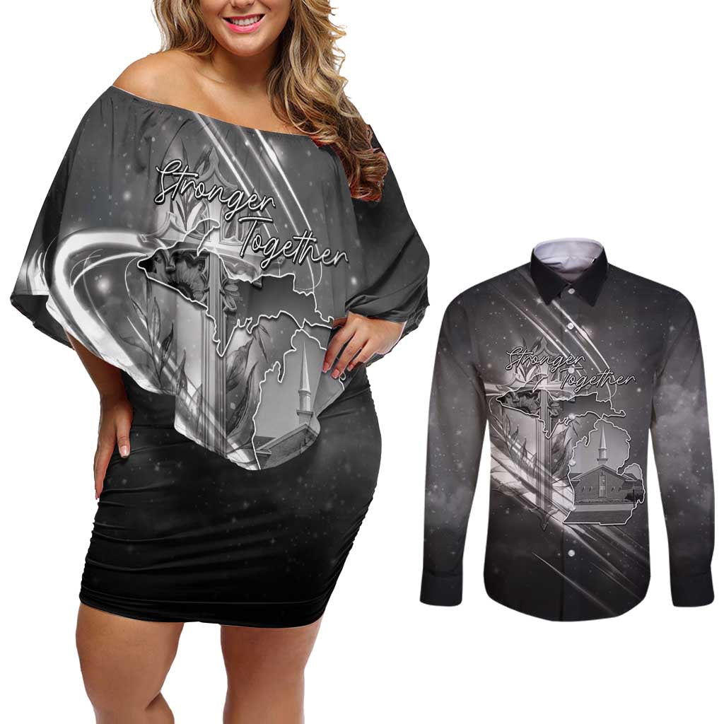 Pray For Grand Blanc Couples Matching Off Shoulder Short Dress and Long Sleeve Button Shirt Pray For Liberty - Wonder Print Shop