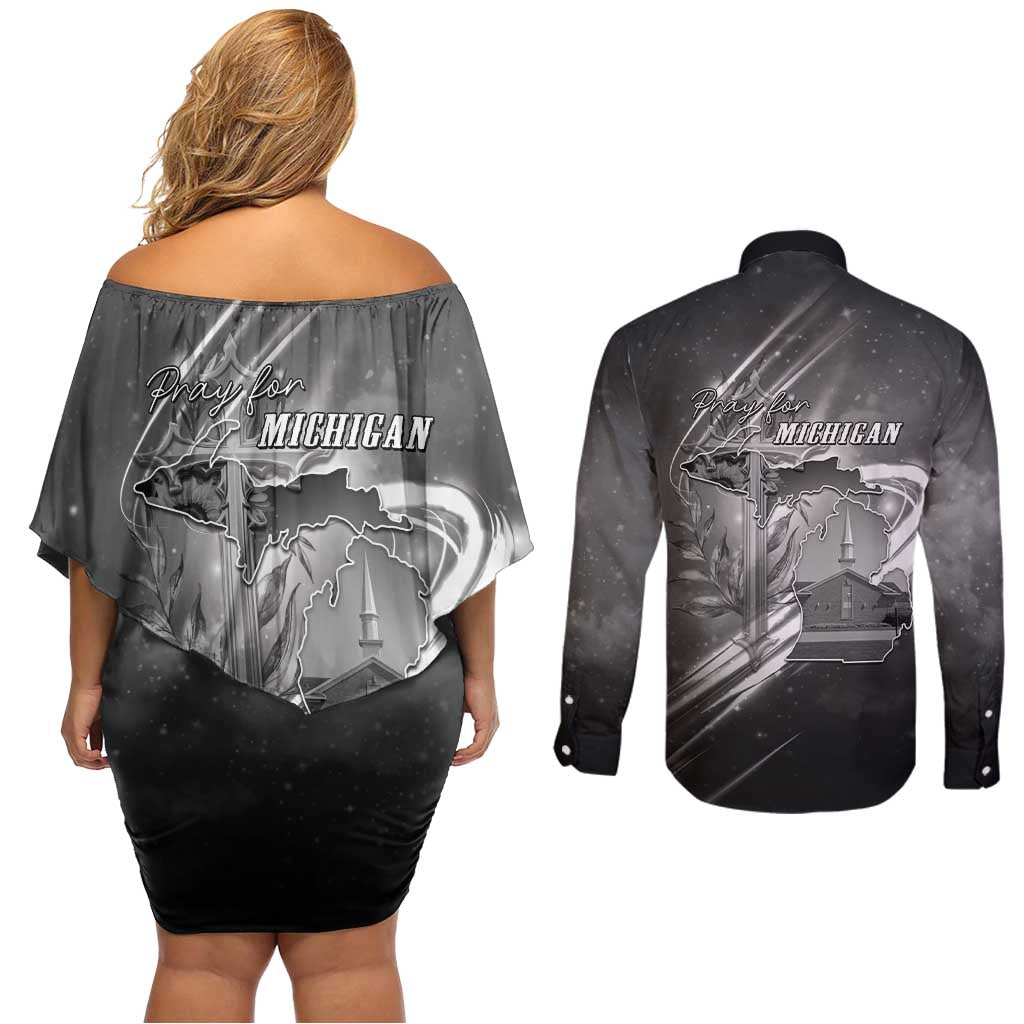 Pray For Grand Blanc Couples Matching Off Shoulder Short Dress and Long Sleeve Button Shirt Pray For Liberty - Wonder Print Shop