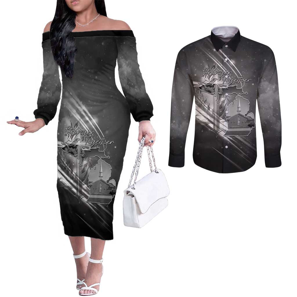 Pray For Grand Blanc Couples Matching Off The Shoulder Long Sleeve Dress and Long Sleeve Button Shirt Pray For Liberty - Wonder Print Shop