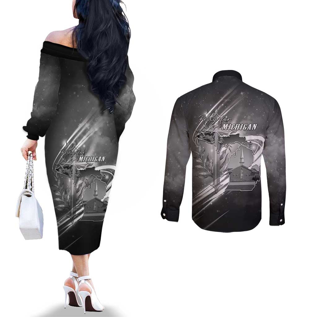 Pray For Grand Blanc Couples Matching Off The Shoulder Long Sleeve Dress and Long Sleeve Button Shirt Pray For Liberty - Wonder Print Shop