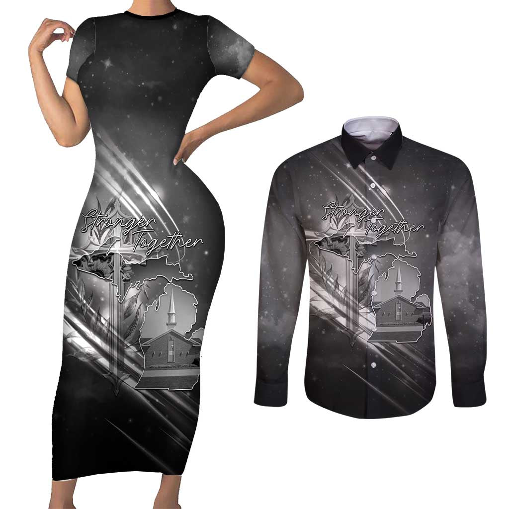 Pray For Grand Blanc Couples Matching Short Sleeve Bodycon Dress and Long Sleeve Button Shirt Pray For Liberty - Wonder Print Shop
