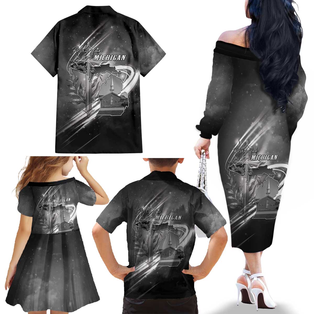 Pray For Grand Blanc Family Matching Off The Shoulder Long Sleeve Dress and Hawaiian Shirt Pray For Liberty - Wonder Print Shop