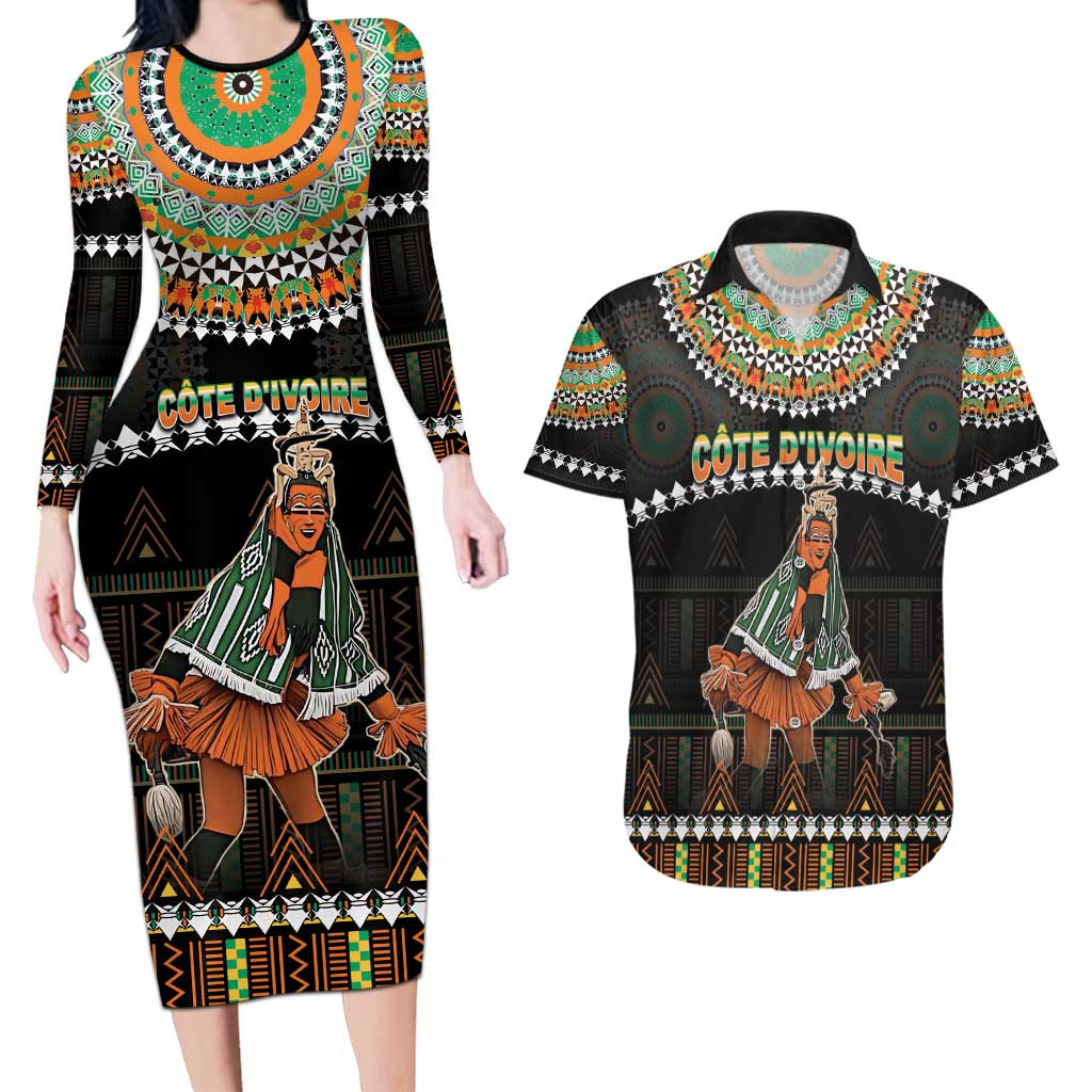 Ivory Coast Festival Of Masks Couples Matching Long Sleeve Bodycon Dress and Hawaiian Shirt Traditional Zaouli Dance LT05 - Wonder Print Shop