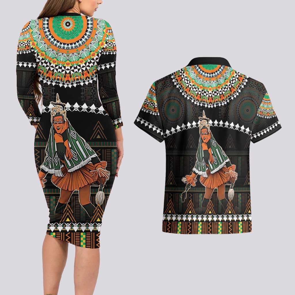 Ivory Coast Festival Of Masks Couples Matching Long Sleeve Bodycon Dress and Hawaiian Shirt Traditional Zaouli Dance LT05 - Wonder Print Shop