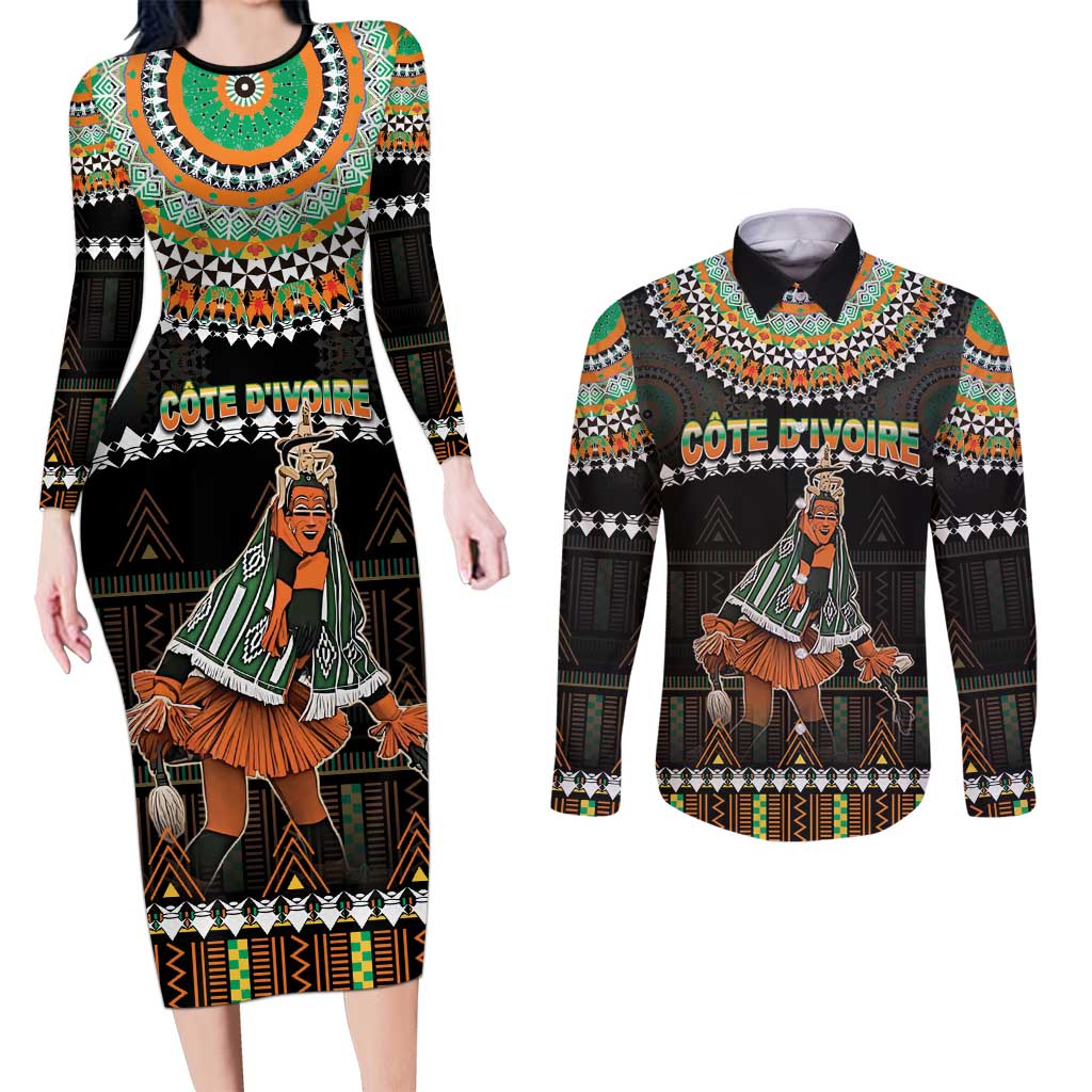 Ivory Coast Festival Of Masks Couples Matching Long Sleeve Bodycon Dress and Long Sleeve Button Shirt Traditional Zaouli Dance LT05 - Wonder Print Shop