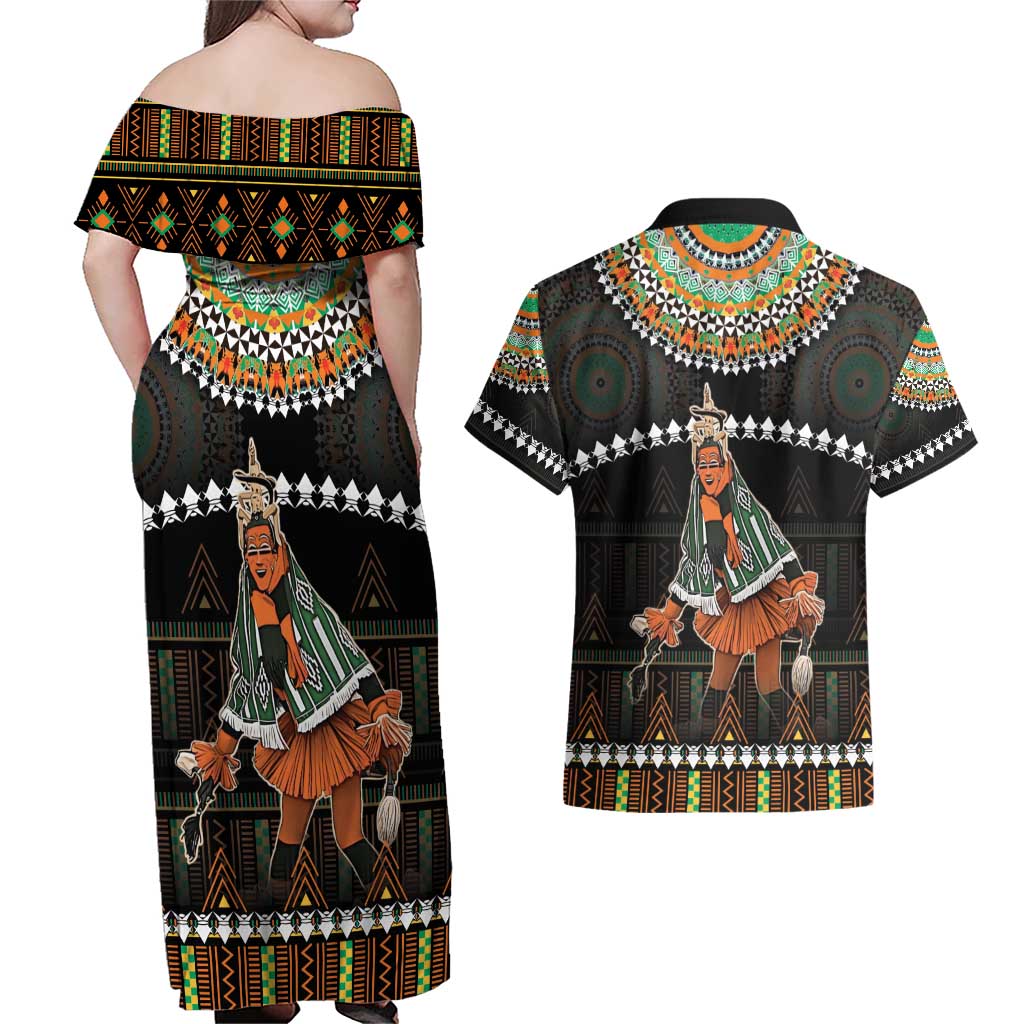 Ivory Coast Festival Of Masks Couples Matching Off Shoulder Maxi Dress and Hawaiian Shirt Traditional Zaouli Dance LT05 - Wonder Print Shop