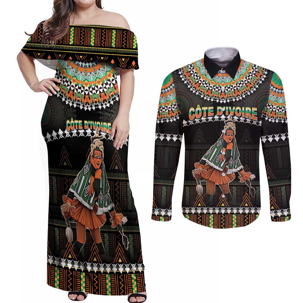 Ivory Coast Festival Of Masks Couples Matching Off Shoulder Maxi Dress and Long Sleeve Button Shirt Traditional Zaouli Dance LT05 - Wonder Print Shop