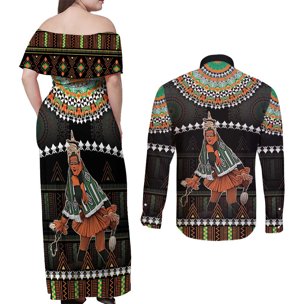 Ivory Coast Festival Of Masks Couples Matching Off Shoulder Maxi Dress and Long Sleeve Button Shirt Traditional Zaouli Dance LT05 - Wonder Print Shop