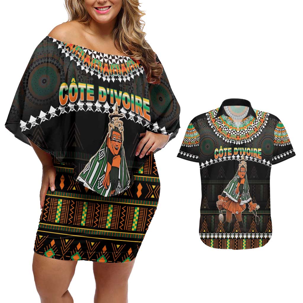 Ivory Coast Festival Of Masks Couples Matching Off Shoulder Short Dress and Hawaiian Shirt Traditional Zaouli Dance LT05 - Wonder Print Shop