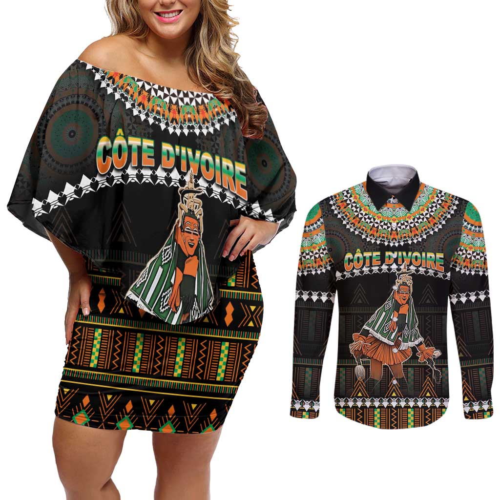 Ivory Coast Festival Of Masks Couples Matching Off Shoulder Short Dress and Long Sleeve Button Shirt Traditional Zaouli Dance LT05 - Wonder Print Shop