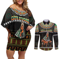 Ivory Coast Festival Of Masks Couples Matching Off Shoulder Short Dress and Long Sleeve Button Shirt Traditional Zaouli Dance LT05 - Wonder Print Shop