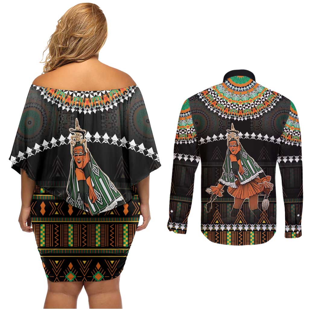 Ivory Coast Festival Of Masks Couples Matching Off Shoulder Short Dress and Long Sleeve Button Shirt Traditional Zaouli Dance LT05 - Wonder Print Shop