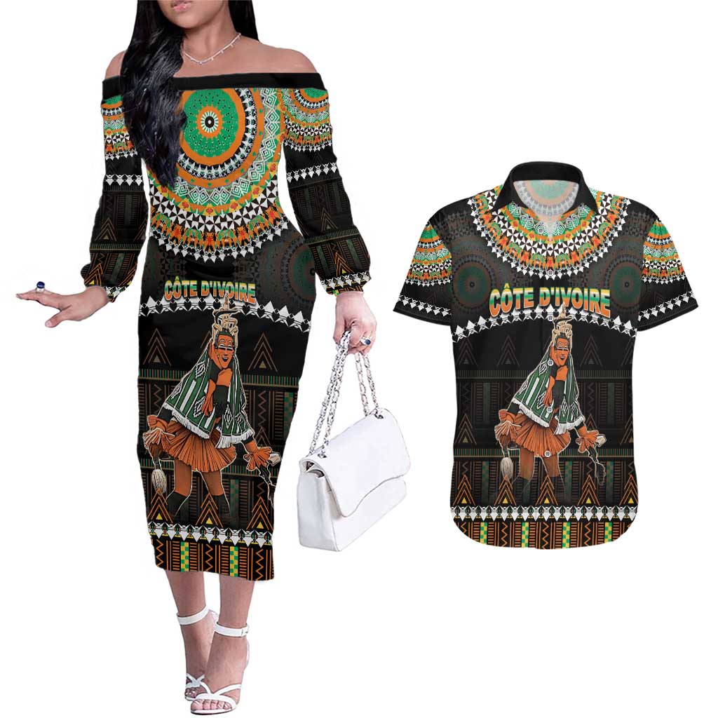 Ivory Coast Festival Of Masks Couples Matching Off The Shoulder Long Sleeve Dress and Hawaiian Shirt Traditional Zaouli Dance LT05 - Wonder Print Shop