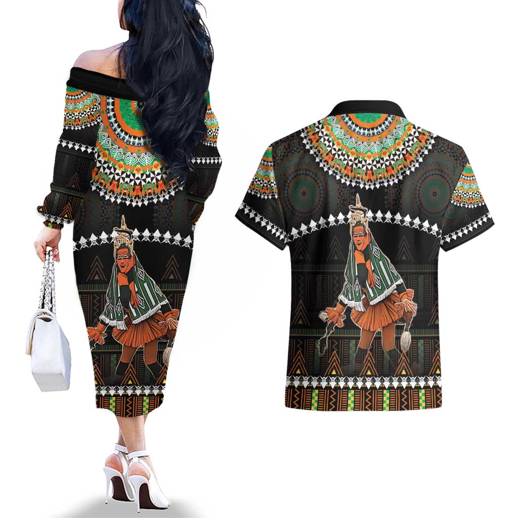 Ivory Coast Festival Of Masks Couples Matching Off The Shoulder Long Sleeve Dress and Hawaiian Shirt Traditional Zaouli Dance LT05 - Wonder Print Shop