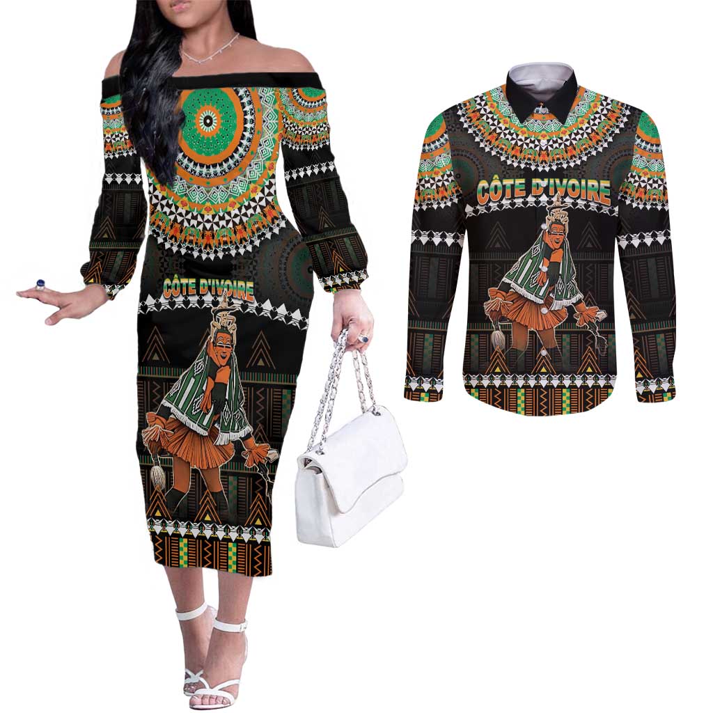 Ivory Coast Festival Of Masks Couples Matching Off The Shoulder Long Sleeve Dress and Long Sleeve Button Shirt Traditional Zaouli Dance