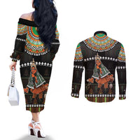 Ivory Coast Festival Of Masks Couples Matching Off The Shoulder Long Sleeve Dress and Long Sleeve Button Shirt Traditional Zaouli Dance