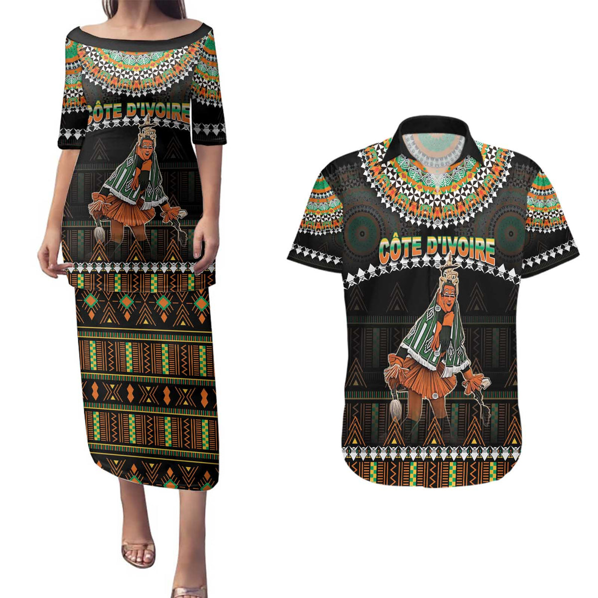 Ivory Coast Festival Of Masks Couples Matching Puletasi and Hawaiian Shirt Traditional Zaouli Dance LT05 - Wonder Print Shop